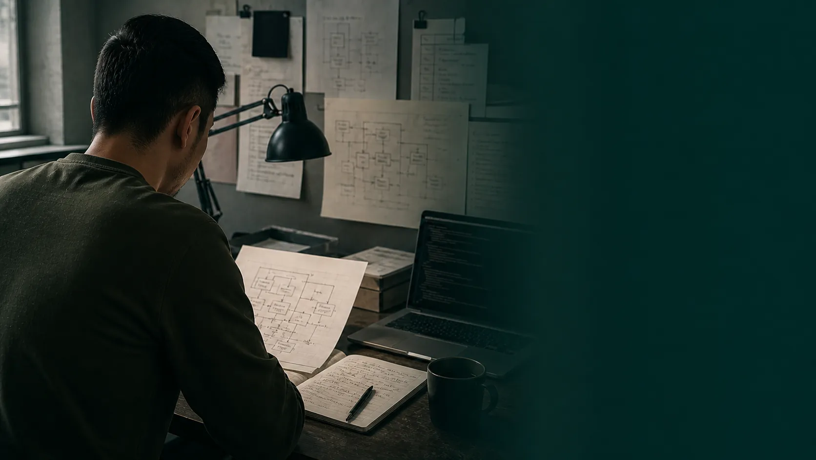 A non-identifying workbench scene with system diagrams and notes.